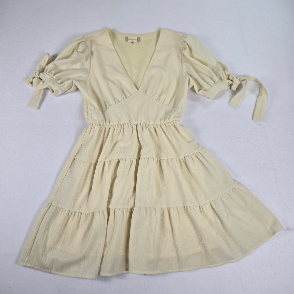 Altar'd State Mini Dress Womens Size S Cream Tiered Puff Sleeve Tie (D6)